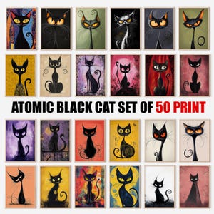 ゴシック黒猫プリント50枚セット | 黒猫ウォールアート、ギャラリーウォールセット、ゴシック装飾 - ミッドセンチュリーアート、アトミック黒猫ポスター