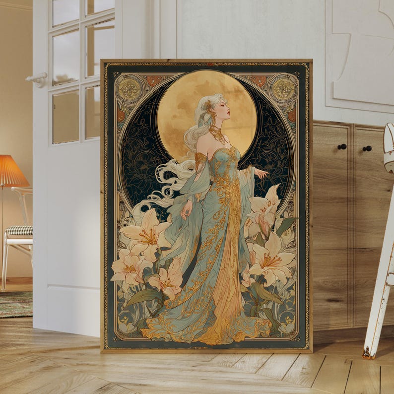 An art nouveau tarot style Moon Goddess tarot poster featuring a mystical goddess with floral accents, perfect as boho tarot art, vintage tarot poster, or spiritual art print for celestial home decor.