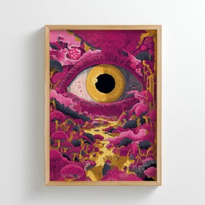 Derde oog psychedelische kunstprint: Maximalist Mushroom Forest (digitale download)