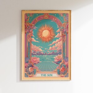 Framed The Sun tarot illustration as a vintage tarot poster, radiant mystical tarot wall art in art nouveau celestial style.