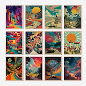 Op de afbeelding: Een verzameling van twaalf ingelijste kunstdrukken met levendige, psychedelische landschappen. Elke print toont kleurrijke luchten, wegen en natuurlijke elementen, met een retro esthetiek. Het kunstwerk bevat auto's, mensen en surrealistische beelden.