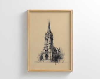 Gothic Cathedral Sketch Print | Vintage European Cityscape Wall Art (Digital Download)