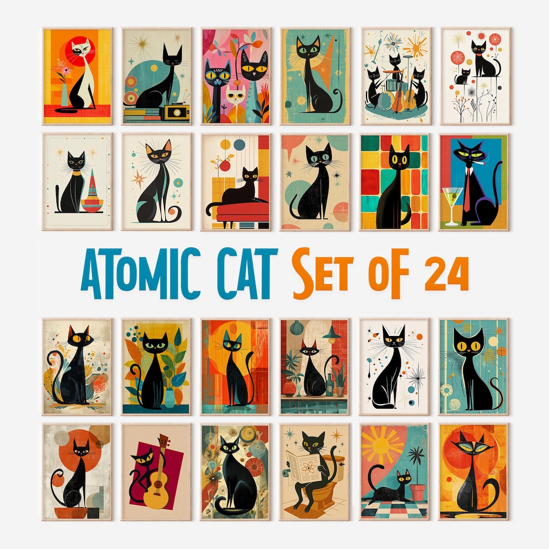 Atomic Cat Print Set of 24: Mid-century Modern Gallery Wall Art ...