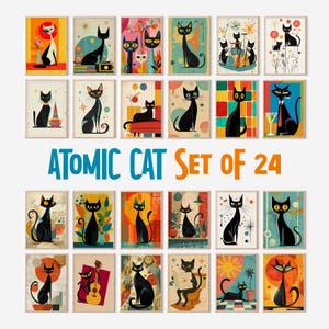 Set di 24 stampe di gatti atomici: arte murale moderna di metà secolo (download digitale)