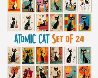 Atomic Cat Print Set of 24: Mid-Century Modern Gallery Wall Art (Digital Download)