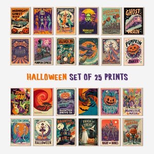 Puede incluir: Un conjunto de 25 láminas artísticas con temática de Halloween. Cada lámina presenta ilustraciones de estilo vintage con imágenes espeluznantes, incluyendo fantasmas, calabazas y monstruos. Las láminas están dispuestas en una cuadrícula, con el texto "Halloween Set of 25 Prints".