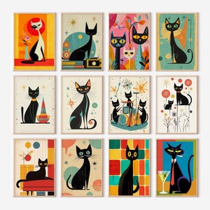 Atomic Cat Print Set of 12 | Black Cat Wall Art, Gallery Wall Set, Mid-Century Art, Modern Living Room Decor