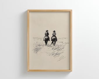 Impressão de esboço de cowboy vintage: Arte minimalista country western para imprimir (download digital)