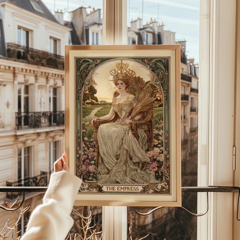 Elegant the empress tarot design as a vintage tarot poster, perfect tarot wall art in art nouveau floral style.