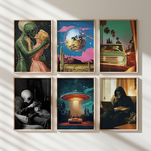 Juego de 6 pósteres de pared con diseño de extraterrestres retro / Póster psicodélico vintage de ovnis - Decoración de los años 70, arte mural de ovnis, descarga digital
