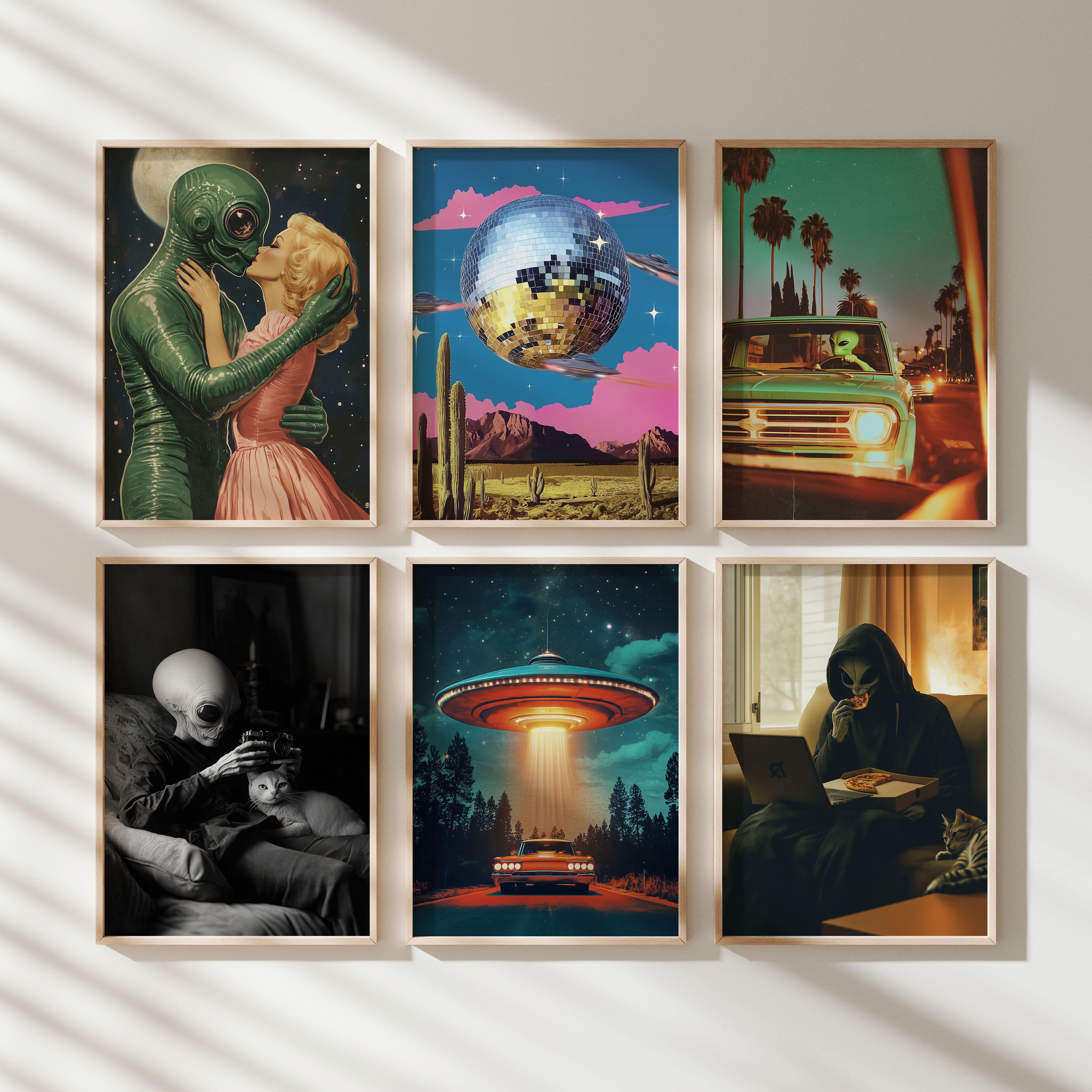 Retro Alien Gallery Wall Art Set: 70s Psychedelic UFO Prints