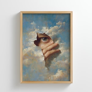 Impresión artística "Ojo surrealista en las nubes": Póster psicodélico de estilo renacentista (descarga digital)
