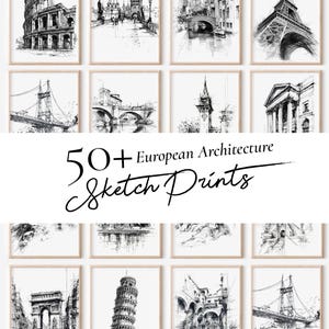 Puede incluir: Una colección de láminas de bocetos en blanco y negro enmarcadas que representan la arquitectura europea. Las láminas incluyen monumentos famosos como la Torre Eiffel, la Torre Inclinada de Pisa y el Coliseo. También se ve el texto "50+ European Architecture Sketch Prints".