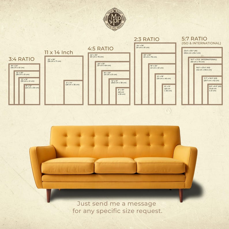 May include: A mustard yellow sofa with wooden legs is positioned below a display of print size ratios, including 3:4, 4:5, 2:3, and 5:7. The sizes are listed in inches and cm. The text at the bottom says, "Just send me a message for any specific size request."