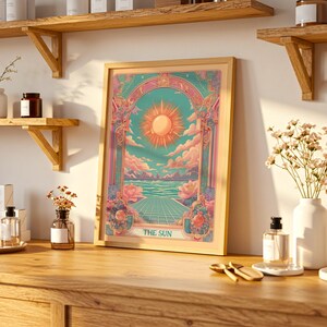Framed The Sun tarot illustration as a vintage tarot poster, radiant mystical tarot wall art in art nouveau celestial style.