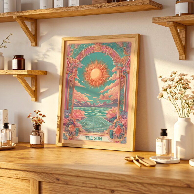 Framed The Sun tarot illustration as a vintage tarot poster, radiant mystical tarot wall art in art nouveau celestial style.