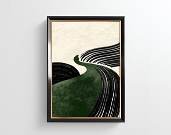 Abstrakt salviagrönt Japandi-landskapstryck - Modern minimalistisk väggkonst, naturflöde, digital poster