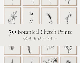 Botanical Black and White Wall Art Set of 50: Gallery Wall Prints (Digital Download)