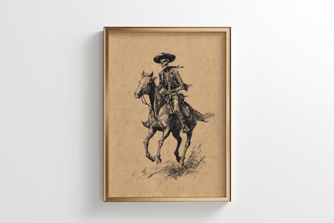 Skeleton Cowboy Sketch Wall Art: Minimalist Gothic Western Decor ...