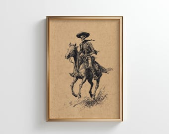 Skeleton Cowboy Sketch Wall Art: Minimalist Gothic Western Decor (Digital Download)