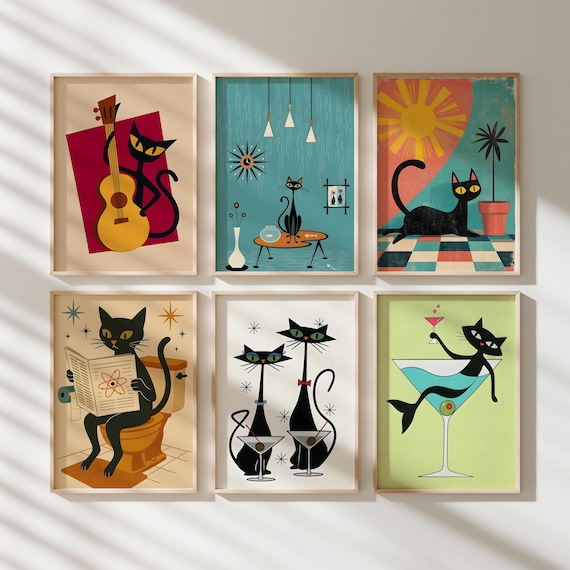 ヴィトン キャットアート アートフレーム TGHMH137 Atomic Cat Print Set of 6: Mid-century Modern Gallery Wall