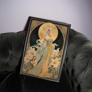 An art nouveau tarot style Moon Goddess tarot poster featuring a mystical goddess with floral accents, perfect as boho tarot art, vintage tarot poster, or spiritual art print for celestial home decor.