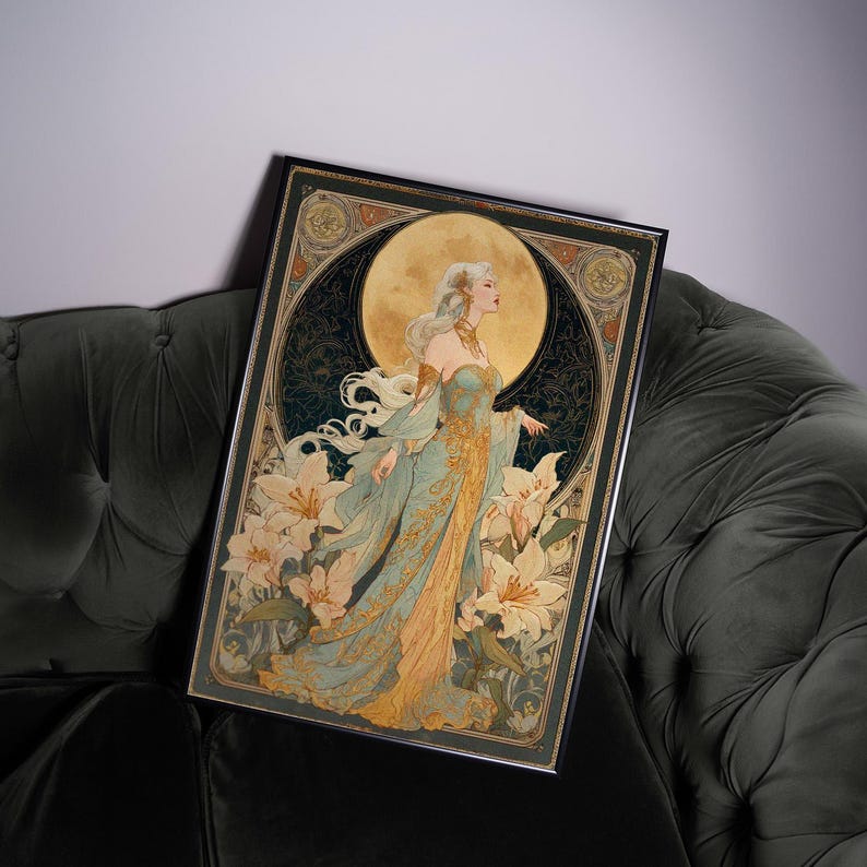 An art nouveau tarot style Moon Goddess tarot poster featuring a mystical goddess with floral accents, perfect as boho tarot art, vintage tarot poster, or spiritual art print for celestial home decor.