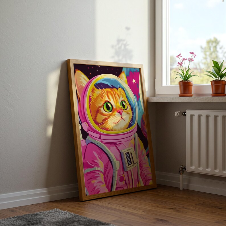 Funny orange cat wearing a pink astronaut suit in a colorful galaxy setting. This digital print combines pink poster aesthetics, dopamine decor energy, and girly prints charm. Ideal for fans of funny cat art, printable wall art, pink cat designs, and colorful wall arts. A playful coquette print perfect for cat lovers, space enthusiasts, and anyone who enjoys vibrant, happy decor.