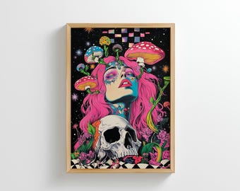 Arte mural psicodélico de hongos - Decoración gótica / Póster gótico bohemio, impresión de calavera psicodélica, descarga digital