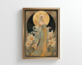 Moon Goddess Tarot Poster: Celestial Art Nouveau Decor (Digital Download)