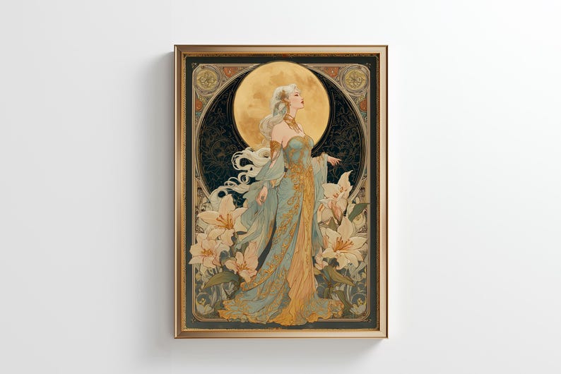 An art nouveau tarot style Moon Goddess tarot poster featuring a mystical goddess with floral accents, perfect as boho tarot art, vintage tarot poster, or spiritual art print for celestial home decor.