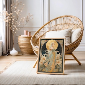 An art nouveau tarot style Moon Goddess tarot poster featuring a mystical goddess with floral accents, perfect as boho tarot art, vintage tarot poster, or spiritual art print for celestial home decor.