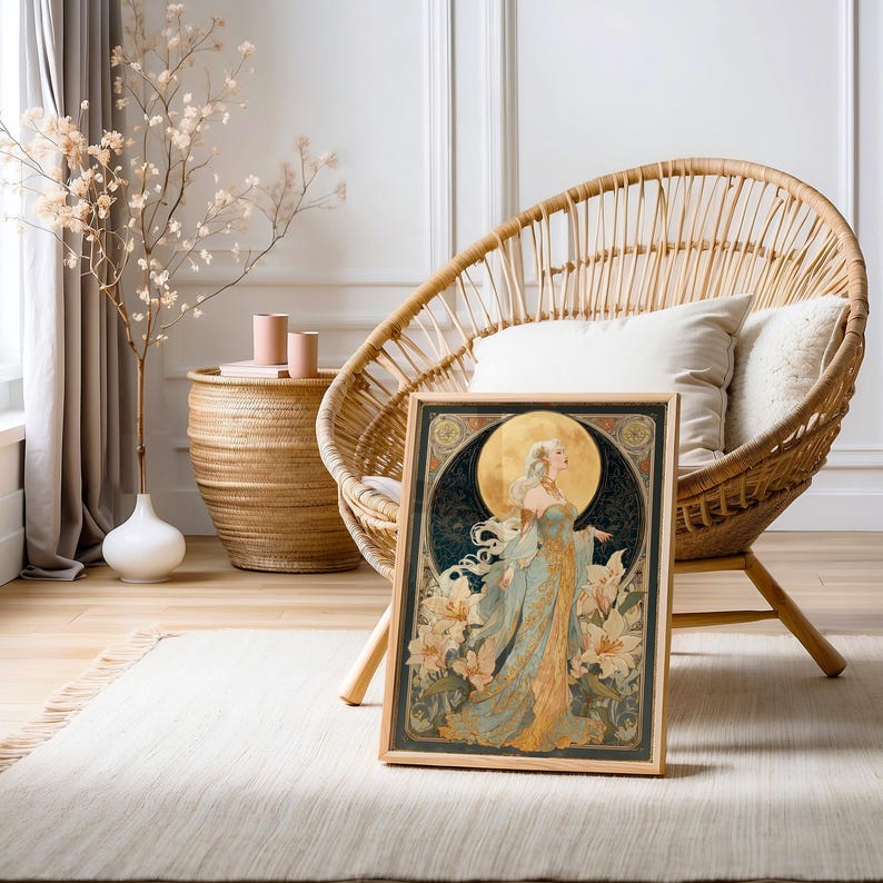 An art nouveau tarot style Moon Goddess tarot poster featuring a mystical goddess with floral accents, perfect as boho tarot art, vintage tarot poster, or spiritual art print for celestial home decor.