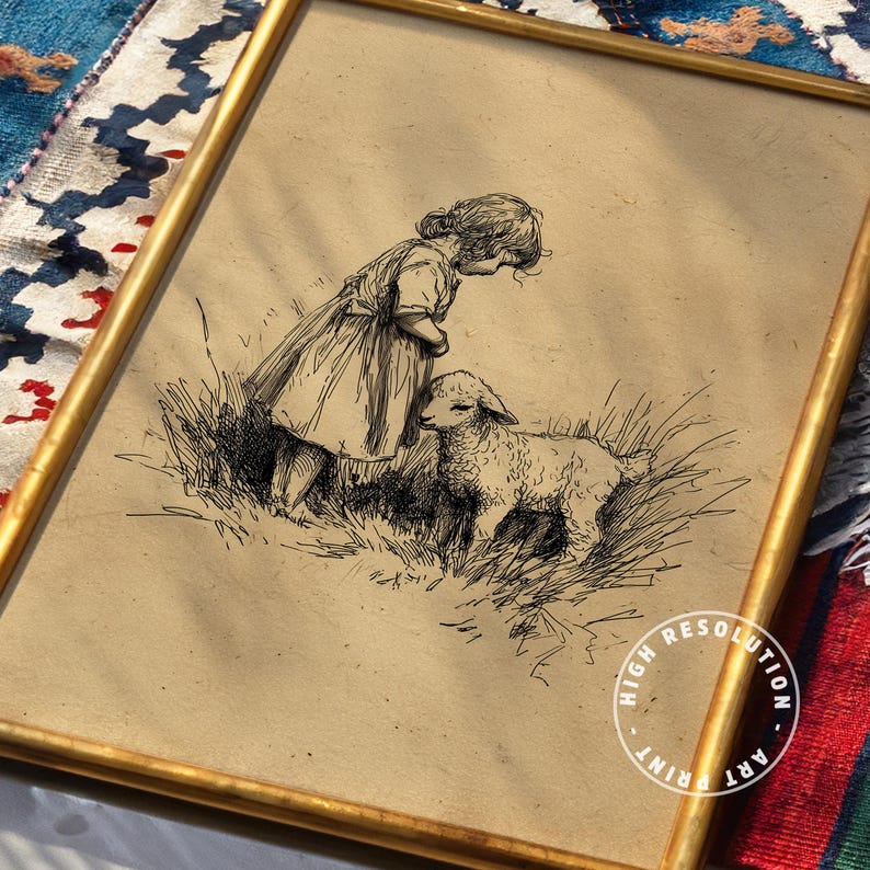 May include: A framed vintage print depicting a child and a lamb in a field, drawn in black ink on tan paper. The artwork is set within a gold-coloured frame. The print has a classic, pastoral theme.