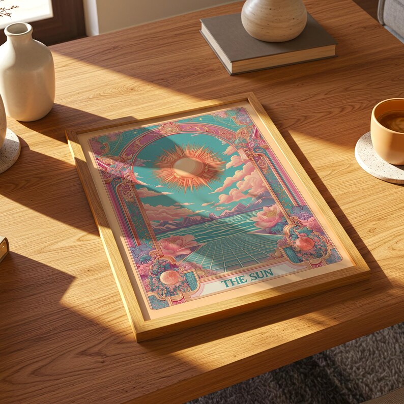 Framed The Sun tarot illustration as a vintage tarot poster, radiant mystical tarot wall art in art nouveau celestial style.
