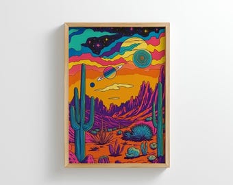 Psychedelic Cactus Desert Art Print: Trippy Bohemian Wall Decor (Digital Download)
