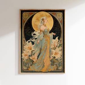 An art nouveau tarot style Moon Goddess tarot poster featuring a mystical goddess with floral accents, perfect as boho tarot art, vintage tarot poster, or spiritual art print for celestial home decor.