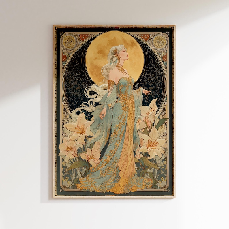An art nouveau tarot style Moon Goddess tarot poster featuring a mystical goddess with floral accents, perfect as boho tarot art, vintage tarot poster, or spiritual art print for celestial home decor.