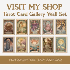 Art nouveau strength boho print of the strength tarot, showing a woman with a lion, perfect for spiritual wall decor.