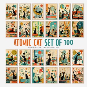 Könnte beinhalten: Eine Sammlung von 20 Kunstdrucken im Retro-Stil mit schwarzen Katzen in verschiedenen modernistischen Umgebungen. Jeder Druck zeigt eine einzigartige Szene mit leuchtenden Farben und geometrischen Designs. Der Text "ATOMIC CAT SET OF 100" ist zu sehen.