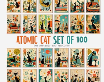 May include: A collection of 20 retro-style art prints featuring black cats in various mid-century modern settings. Each print showcases a unique scene with vibrant colors and geometric designs. The text "ATOMIC CAT SET OF 100" is displayed prominently.
