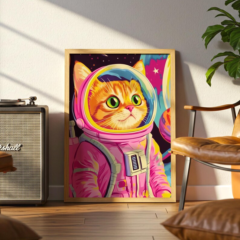 Funny orange cat wearing a pink astronaut suit in a colorful galaxy setting. This digital print combines pink poster aesthetics, dopamine decor energy, and girly prints charm. Ideal for fans of funny cat art, printable wall art, pink cat designs, and colorful wall arts. A playful coquette print perfect for cat lovers, space enthusiasts, and anyone who enjoys vibrant, happy decor.