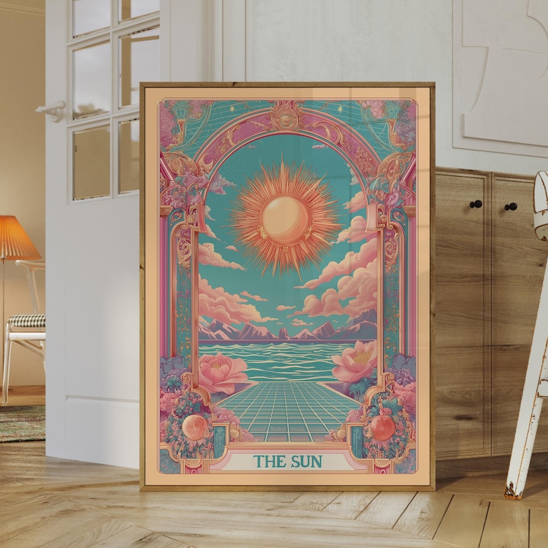 Framed The Sun tarot illustration as a vintage tarot poster, radiant mystical tarot wall art in art nouveau celestial style.