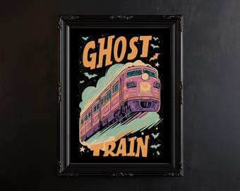 Retro Halloween Poster: Ghost Train with Bats & Stars (Digital Download)