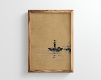 Vintage Fisherman Sketch Print | Beige Antique Wall Art (Digital Download)