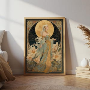 An art nouveau tarot style Moon Goddess tarot poster featuring a mystical goddess with floral accents, perfect as boho tarot art, vintage tarot poster, or spiritual art print for celestial home decor.