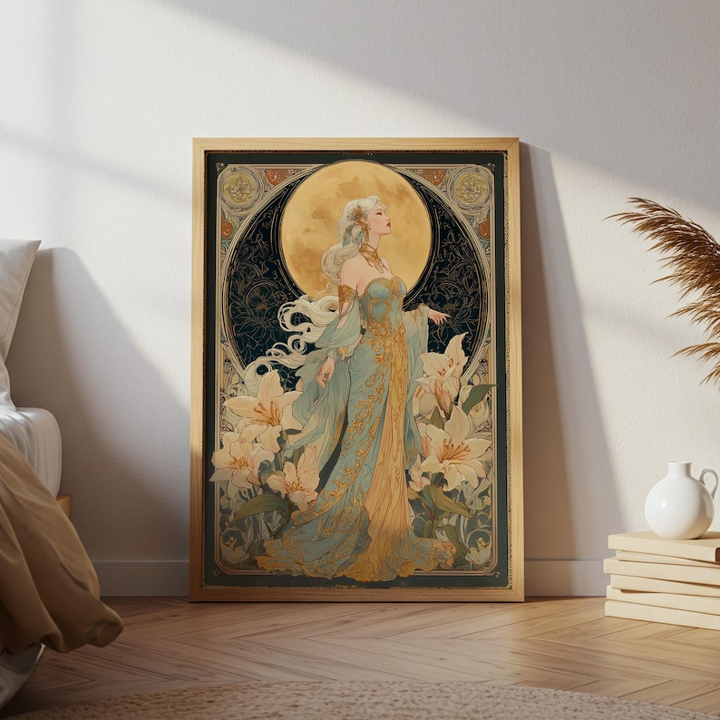 An art nouveau tarot style Moon Goddess tarot poster featuring a mystical goddess with floral accents, perfect as boho tarot art, vintage tarot poster, or spiritual art print for celestial home decor.