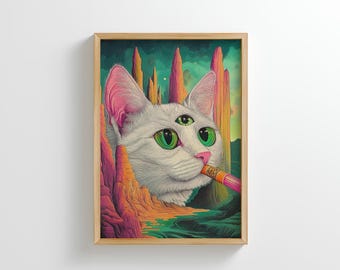 Arte mural psicodélico de gato: Impresión surrealista psicodélica del tercer ojo (descarga digital)