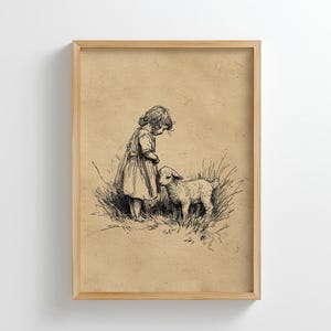 Little Shepherdess Sketch Art | Vintage Pastoral Wall Art for Farmhouse Decor (Digital Download)