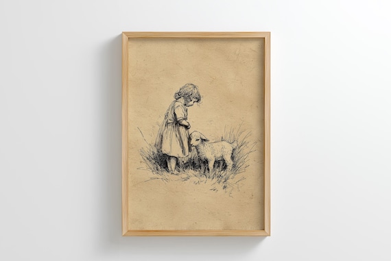 Little Shepherdess Sketch Art | Vintage Pastoral Wall Art for Farmhouse Decor (Digital Download)